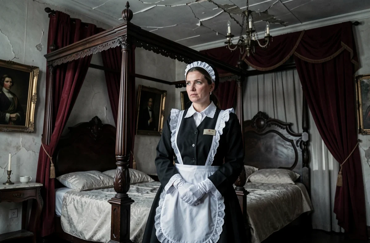 Femme de ménage immobile en uniforme près d'un lit à baldaquin dans une chambre victorienne sombre, référence à American Horror Story