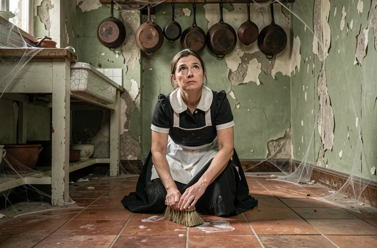 Femme de ménage agenouillée récurant le sol d'une cuisine gothique abandonnée, ambiance American Horror Story