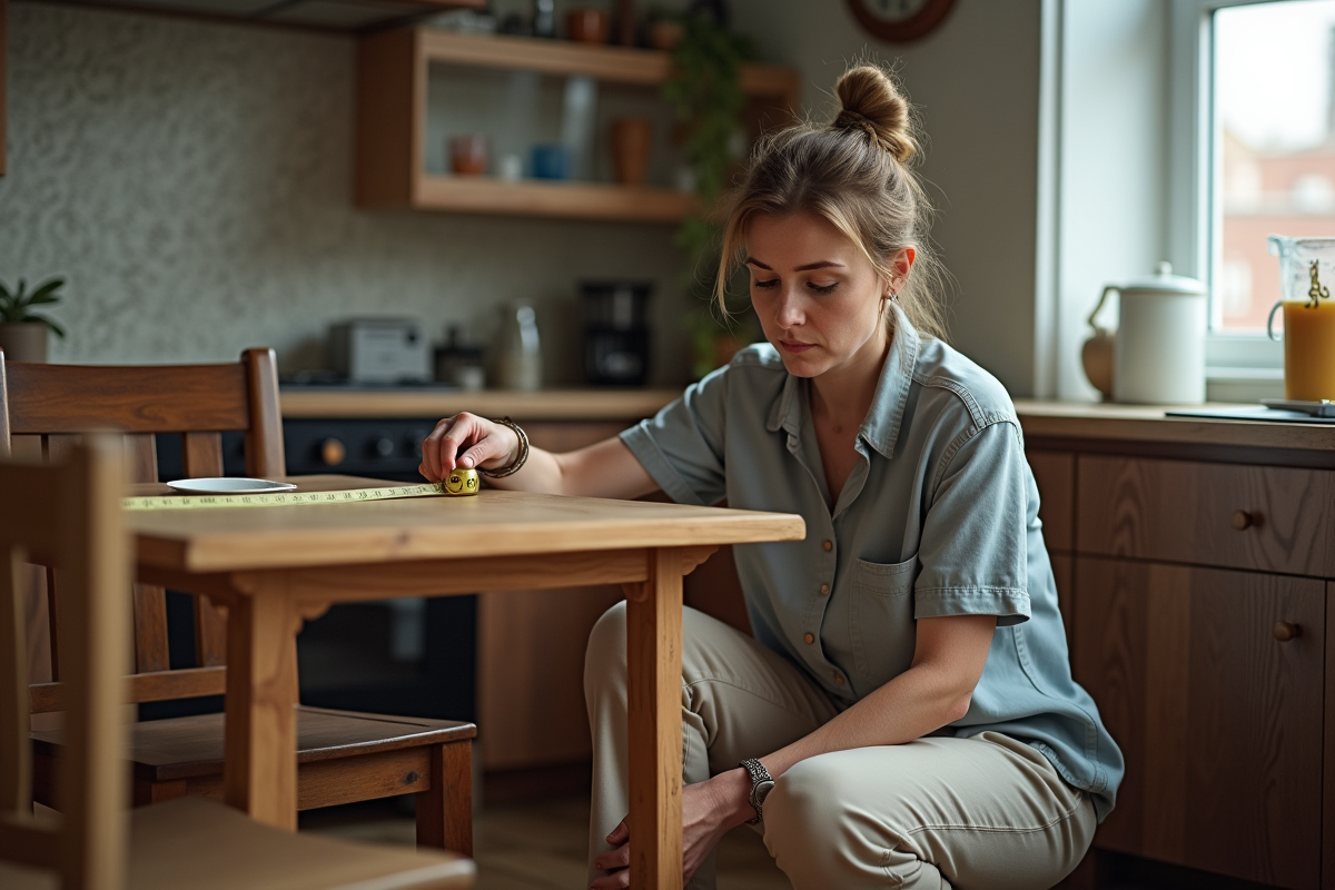 Femme mesurant une table à manger dans une cuisine modeste