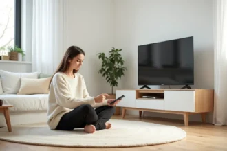 Jeune femme assise dans un salon minimaliste avec canapé blanc