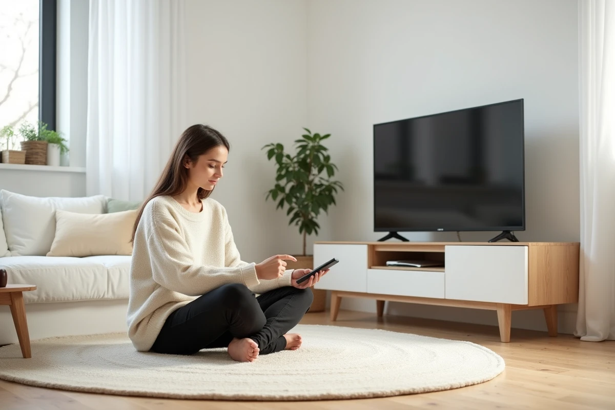 Jeune femme assise dans un salon minimaliste avec canapé blanc