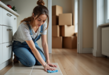 Nettoyer appartement déménagement : astuces et conseils pratiques Femme en train de nettoyer des carreaux dans une cuisine moderne