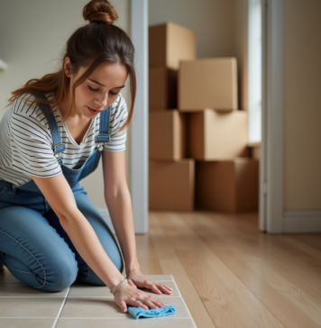 Nettoyer appartement déménagement : astuces et conseils pratiques Femme en train de nettoyer des carreaux dans une cuisine moderne