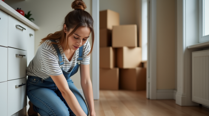 Femme en train de nettoyer des carreaux dans une cuisine moderne