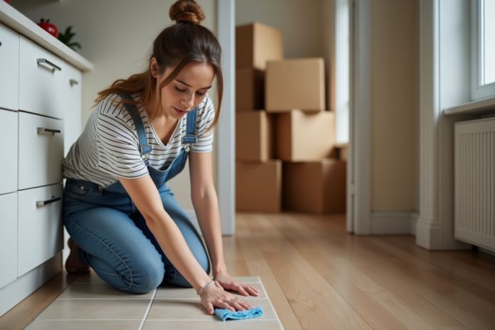 Femme en train de nettoyer des carreaux dans une cuisine moderne
