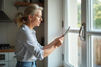 Femme scrappant un résidu de colle sur une fenêtre PVC
