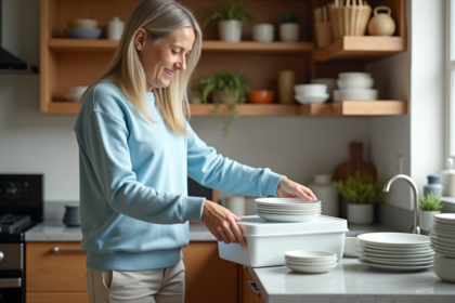 Femme organisée dans une cuisine moderne et chaleureuse