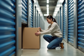 Femme organisant des cartons dans un centre de stockage intérieur