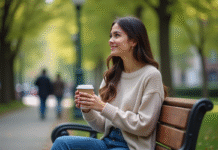 Noémie Femme assise dans un parc avec café en main
