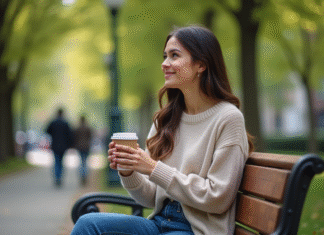 Noémie Femme assise dans un parc avec café en main