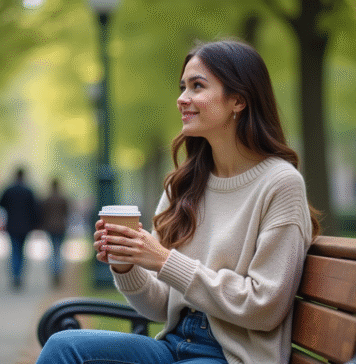 Noémie Femme assise dans un parc avec café en main
