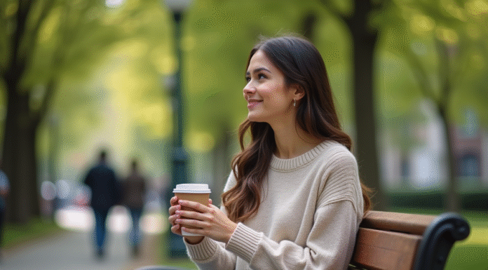 Femme assise dans un parc avec café en main
