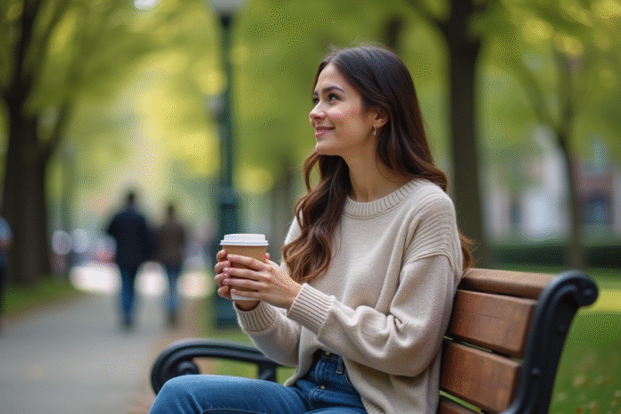 femme-parc-zen Femme assise dans un parc avec café en main