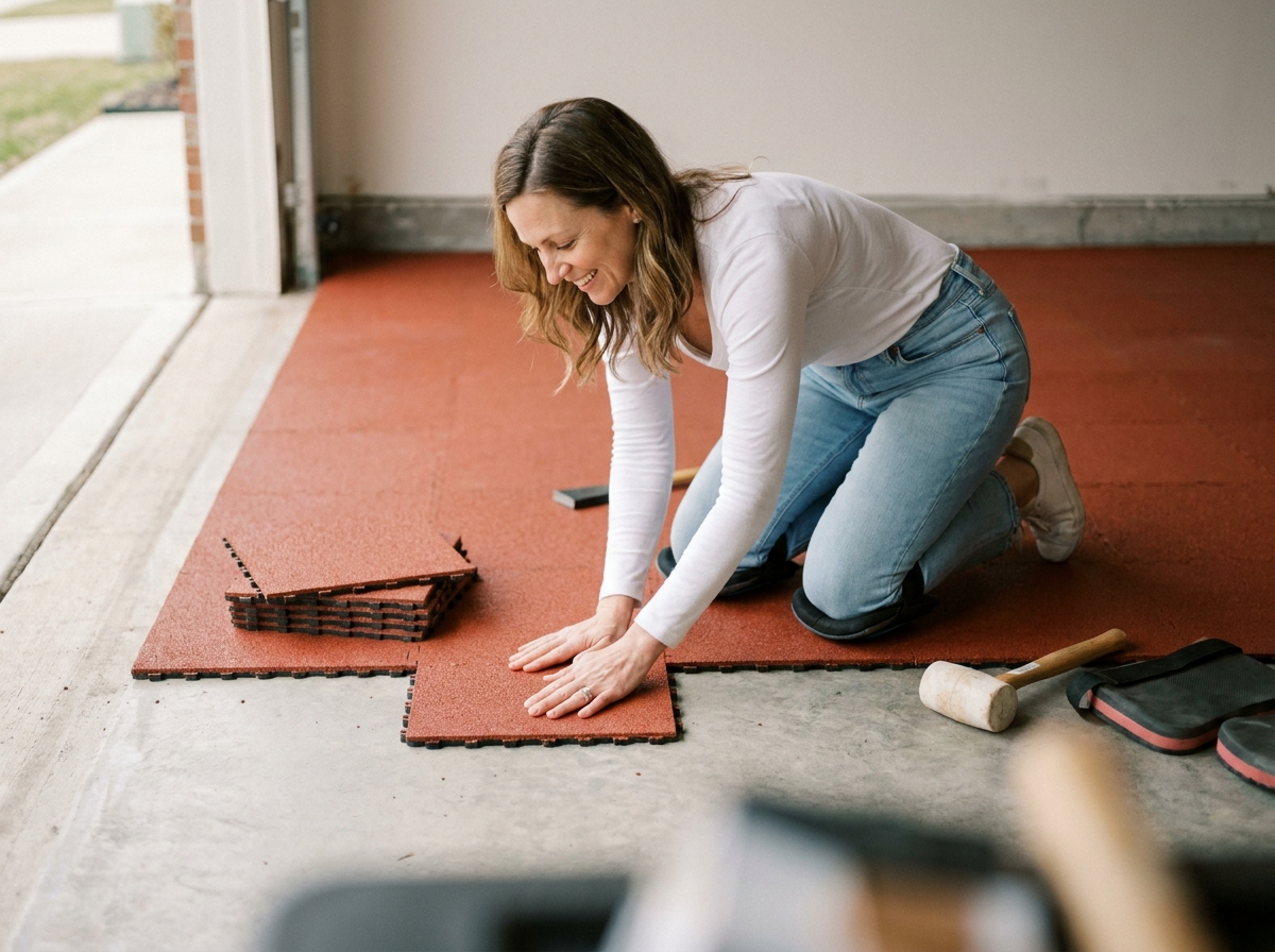 Femme posant des dalles de sol clipsables terracotta dans un garage lors d'une installation DIY