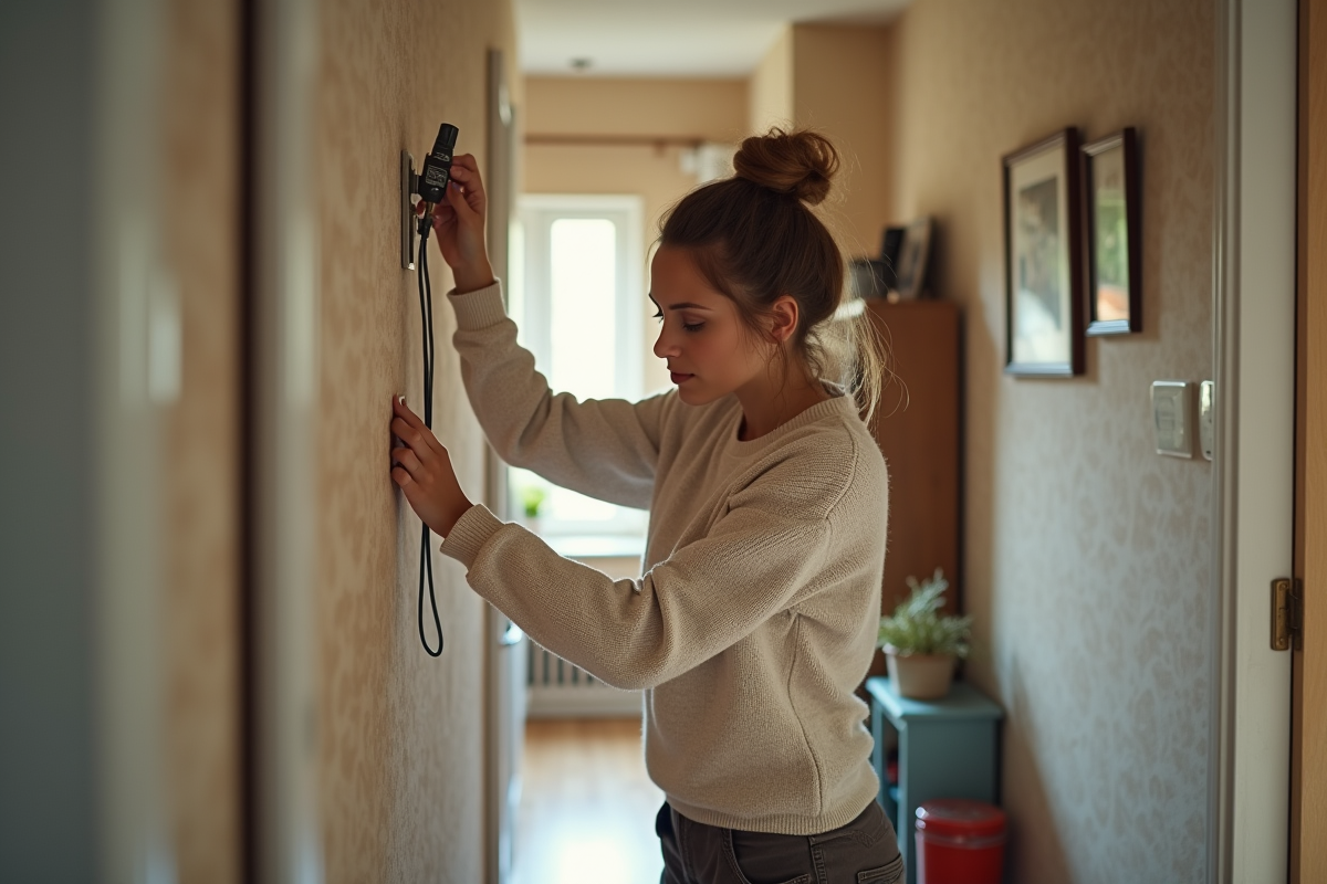 Jeune femme tirant des fils derrière un mur en plâtre dans un couloir