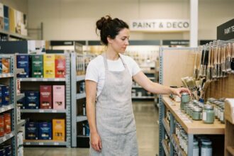 Femme découvrant les nouveaux produits de peinture Castorama en magasin