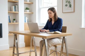 Femme professionnelle assise à un bureau moderne en intérieur lumineux