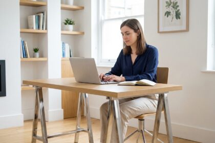 Femme professionnelle assise à un bureau moderne en intérieur lumineux