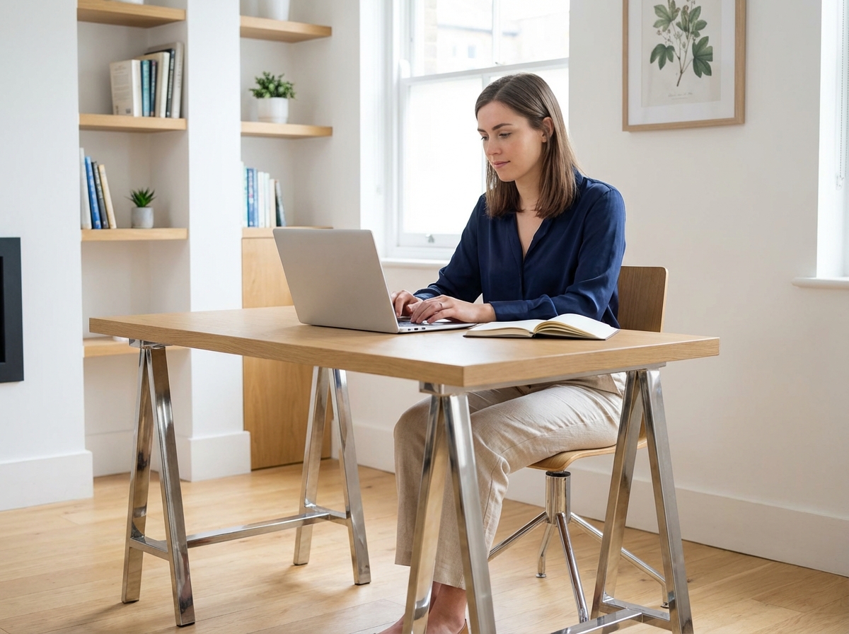 Femme professionnelle assise à un bureau moderne en intérieur lumineux