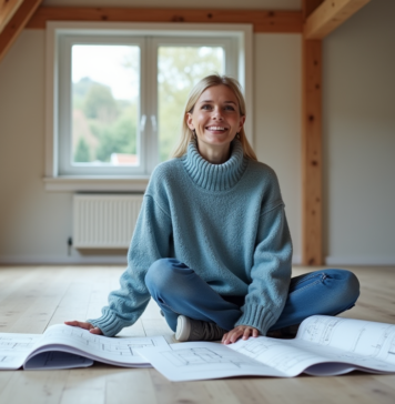 Aménagement de combles : pourquoi opter pour cette solution ? Femme souriante dans un atelier rénové avec plans