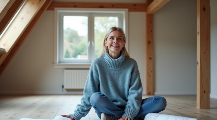 Femme souriante dans un atelier rénové avec plans