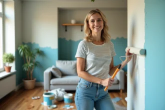 Femme souriante rénovant un salon cosy avec rouleau de peinture