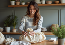 Emballage sans cartons : astuces pratiques pour vos déménagements ! Jeune femme rangeant ses plats dans des sacs réutilisables
