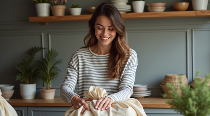 Jeune femme rangeant ses plats dans des sacs réutilisables