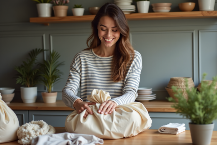 Jeune femme rangeant ses plats dans des sacs réutilisables