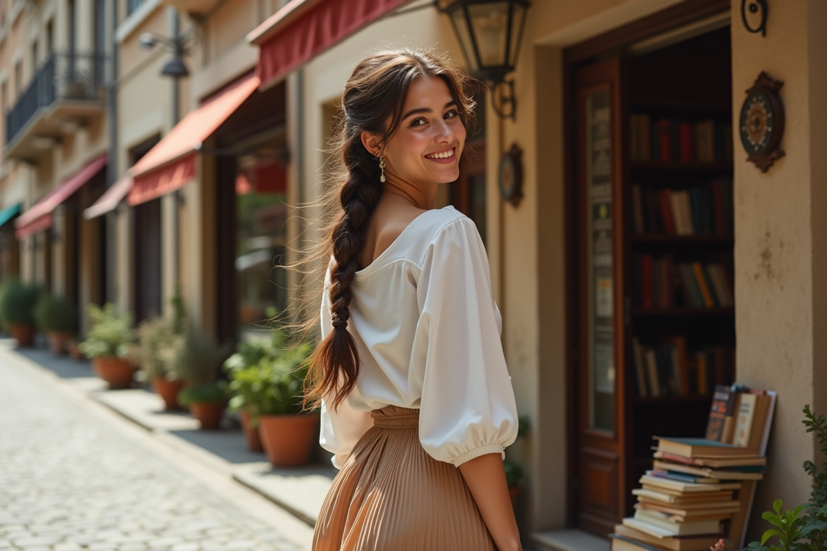 Jeune femme marchant devant des boutiques anciennes