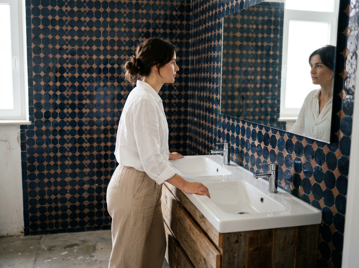 Femme devant un mur en carrelage mosaïque zellige bleu nuit et terracotta dans une petite salle de bain rénovée