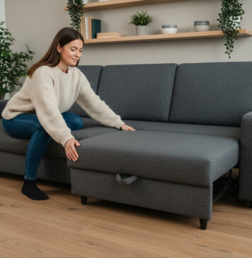 Réinventer son intérieur avec un canapé convertible pour petit espace Jeune femme déployant un canapé convertible dans un intérieur minimaliste