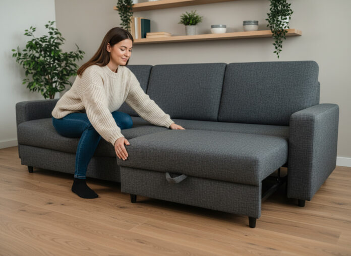 femme-salon-convertible Jeune femme déployant un canapé convertible dans un intérieur minimaliste