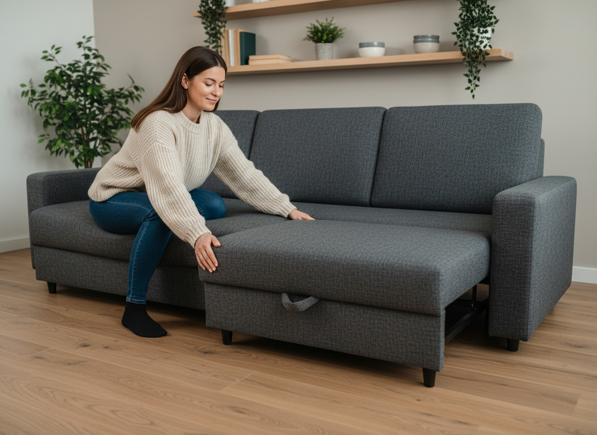 Jeune femme déployant un canapé convertible dans un intérieur minimaliste