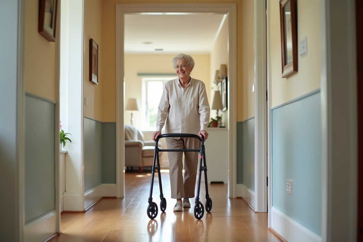 Femme senior poussant un déambulateur dans un couloir moderne