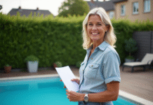 Femme souriante avec document près de piscine dans jardin