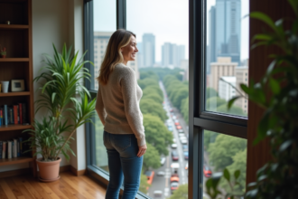 Femme souriante dans un appartement urbain moderne
