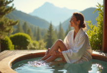Jeune femme en robe linen détendue dans un spa extérieur