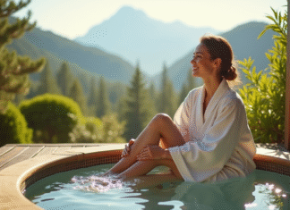 Spa en extérieur en été : température idéale et conseils pratiques Jeune femme en robe linen détendue dans un spa extérieur