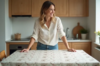 Femme en cuisine ajustant une nappe résistante aux taches