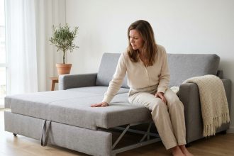 Femme testant un canapé convertible déplié dans un salon scandinave épuré, examinant la qualité du matelas et du mécanisme