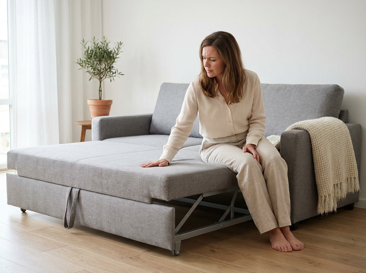Femme testant un canapé convertible déplié dans un salon scandinave épuré, examinant la qualité du matelas et du mécanisme