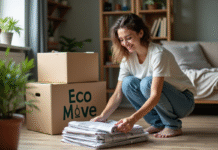 Femme triant des journaux dans un salon cosy avec plantes