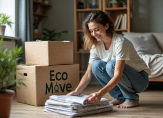 Vieux journaux : où trouver pour déménager écologique ? Femme triant des journaux dans un salon cosy avec plantes