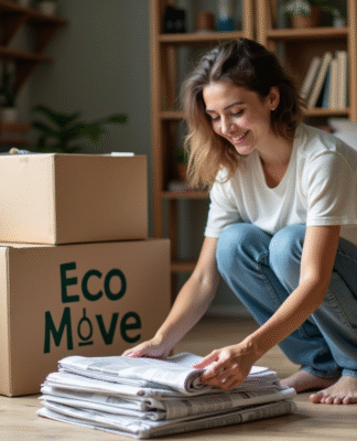 Femme triant des journaux dans un salon cosy avec plantes