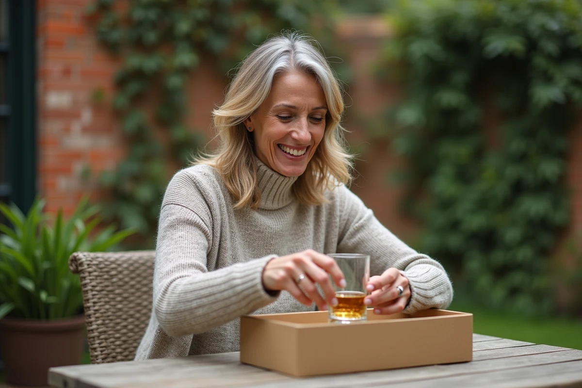 Femme déballant un coffret whisky dans un jardin verdoyant
