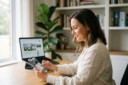 Femme consultant des actualités immobilières sur son smartphone depuis son bureau à domicile