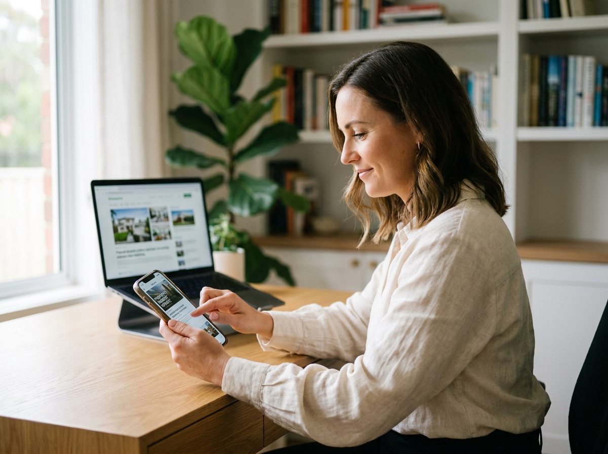 Femme consultant des actualités immobilières sur son smartphone depuis son bureau à domicile