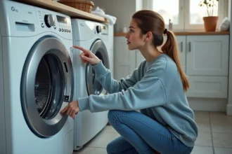 Jeune femme examinant le panneau de contrôle du lave-linge