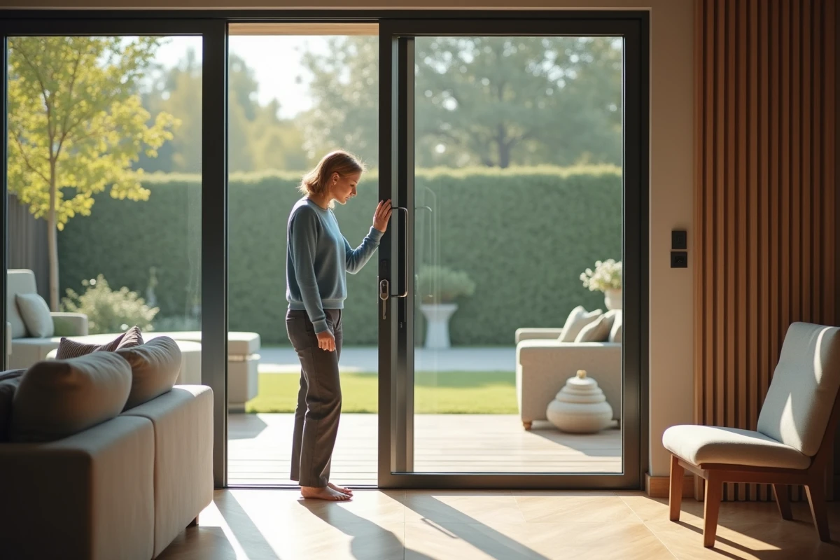 Femme inspectant une porte coulissante en verre dans son salon